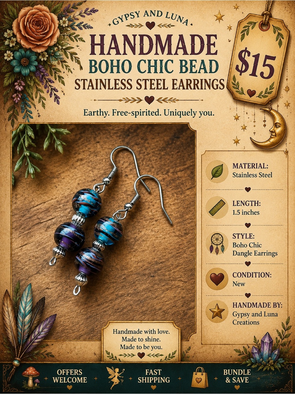 Boho Chic Bead Stainless Steel Earrings Handmade